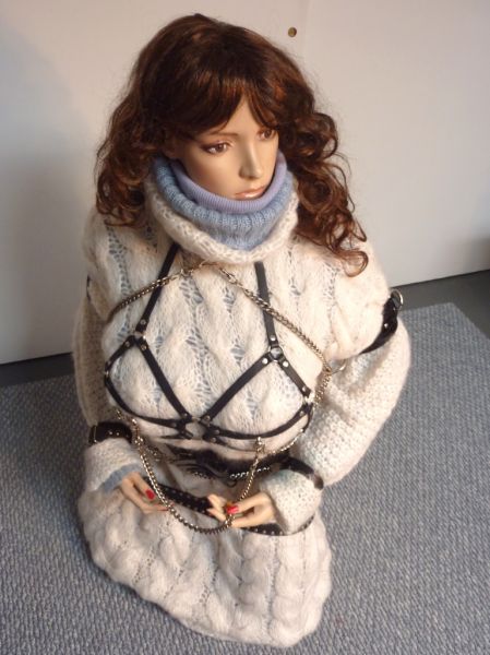 Ann the Sweater Girl Slave Doll
White mohair and black leather and silver chains.
